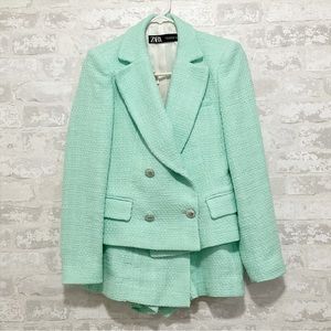 Zara | Tweed Pastel Co-ord Mint Green Double Breasted Blazer & Skort Set Preppy